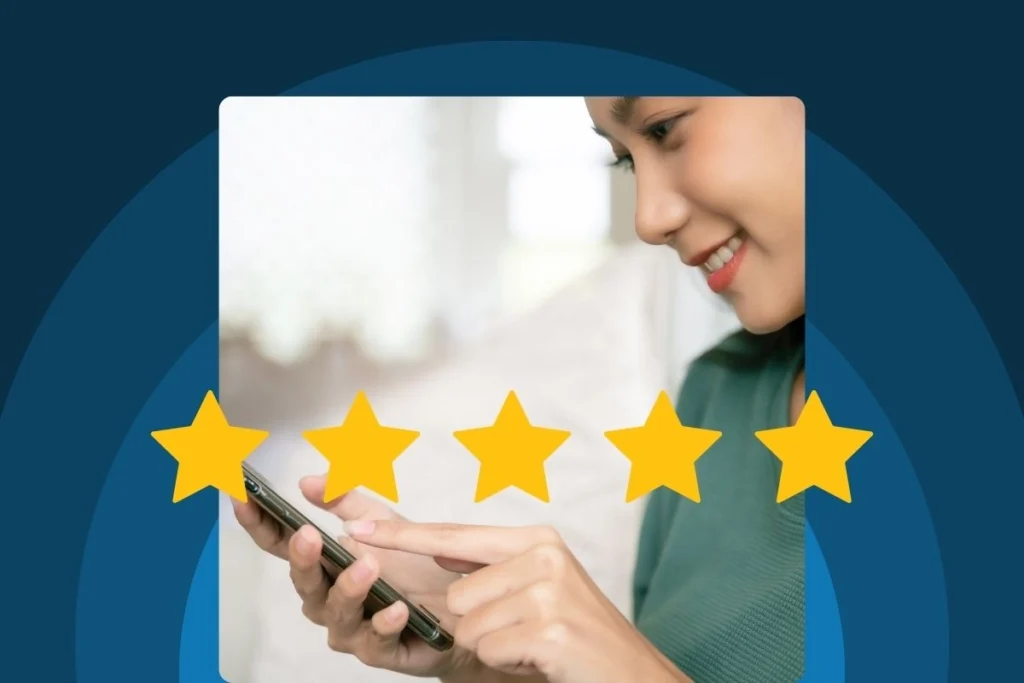 Young woman giving 5 star review for services rended