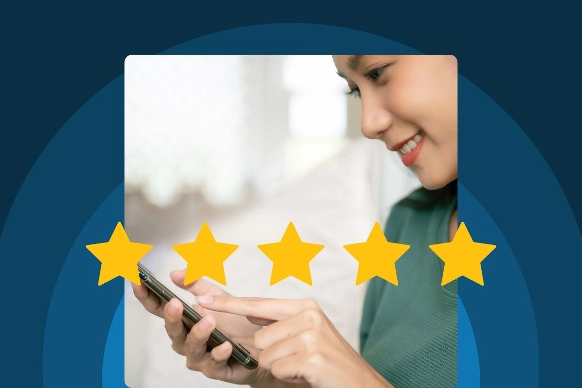A young woman giving a five star review Young woman giving 5 star review for services rended