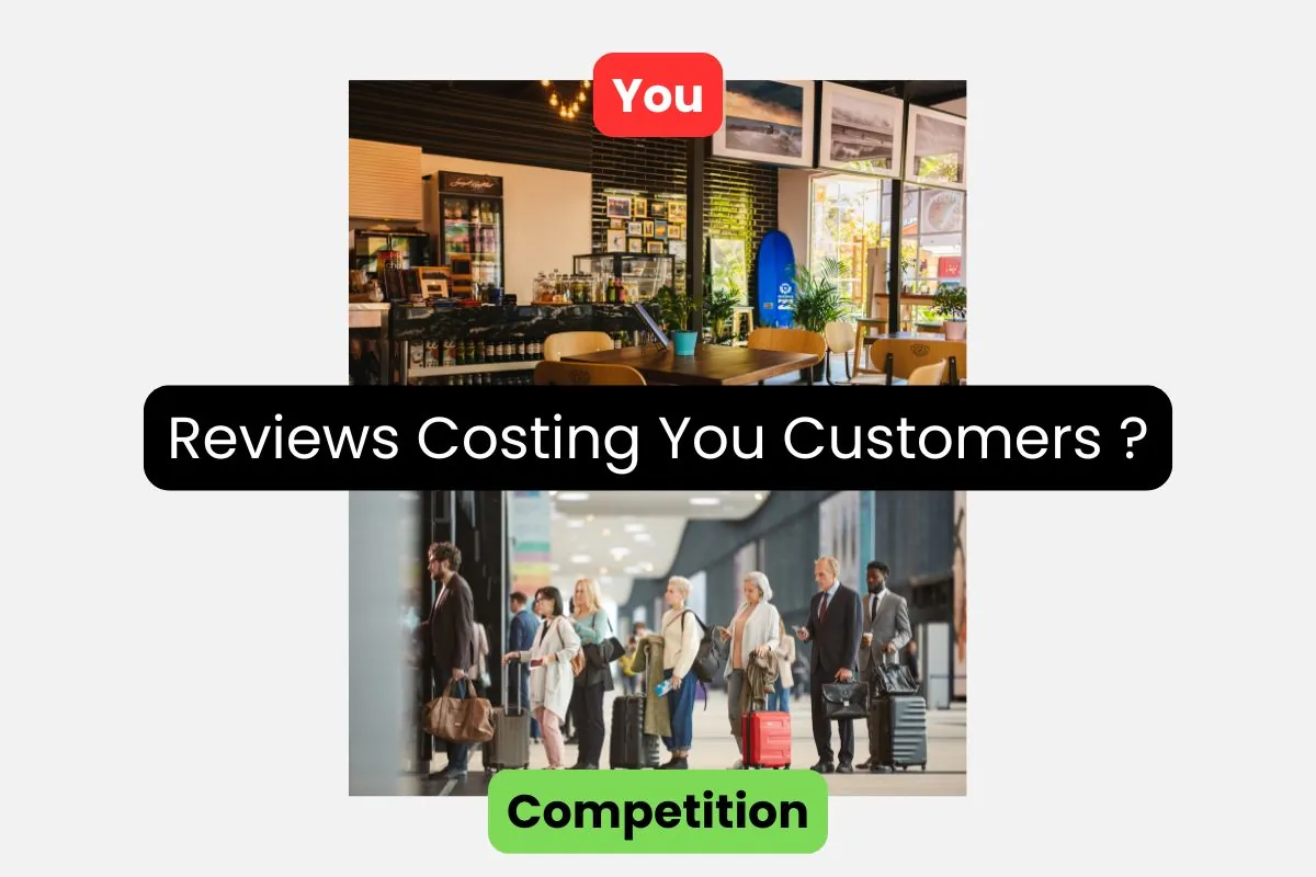 Are Your Reviews Costing you Customers Shows an empty restaurant and a full restaurant as a result of reviews