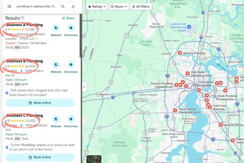 Example of a Google Map Pack with reviews A Screenshot of a Local Map Pack